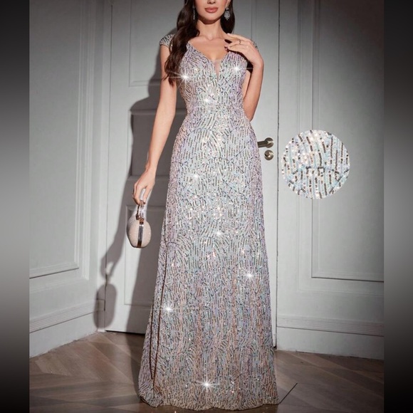 Luxe V neck party formal prom sequins gown dress - Picture 6 of 6